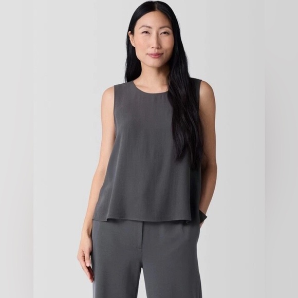 Eileen Fisher Silk Georgette Crepe Dark Gray  Tank Size M Long - Picture 1 of 5